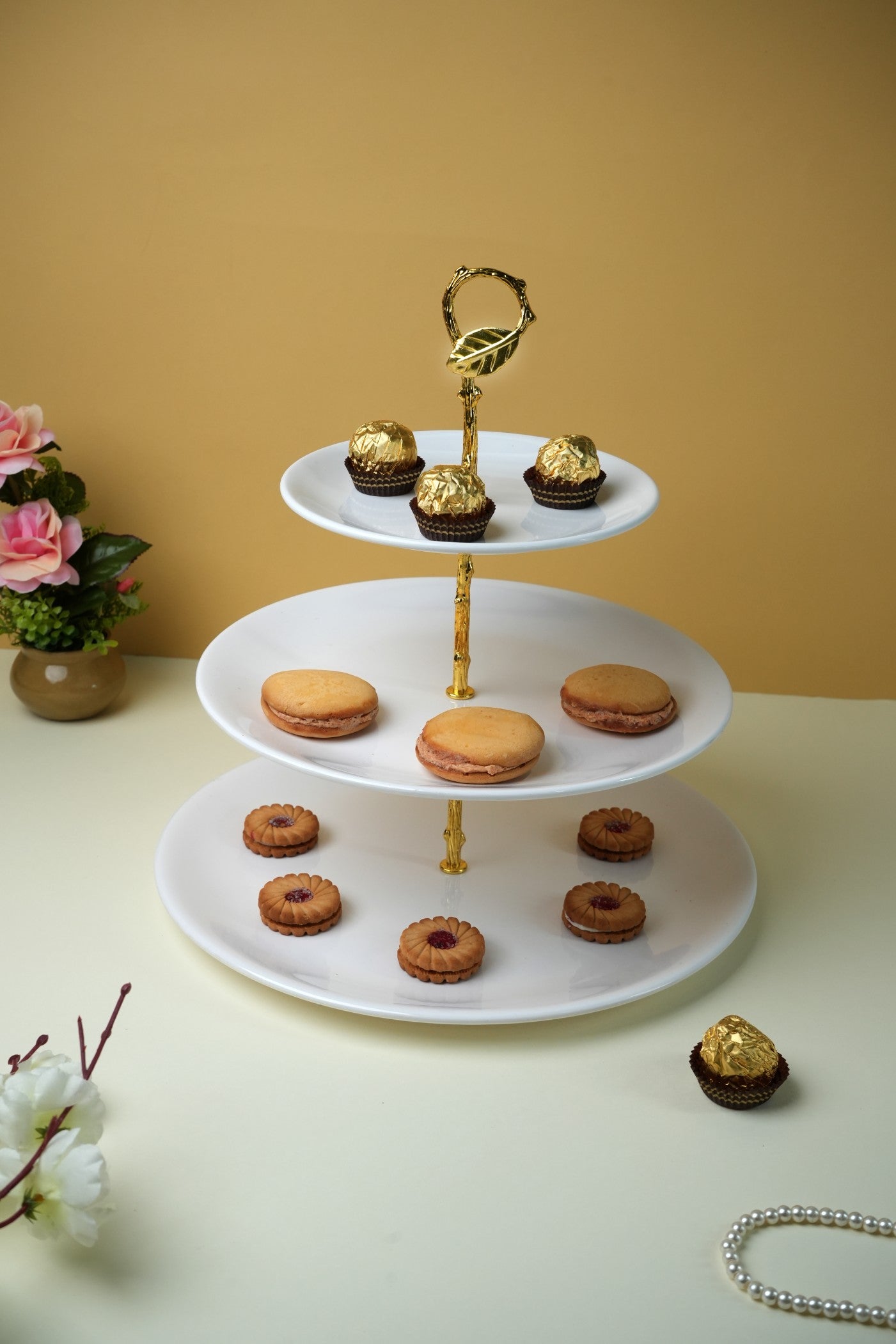 EKTRA | Premium Melamine | Patisserie with Stand - White (3 Layer) | Durable, Fade Proof