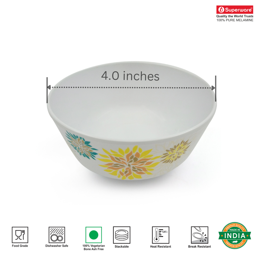 SUPERWARE | Pure Melamine | Bowl Set - Ethenic Flower 4" | 6 Nos. | Stain Free, Glazed Finish