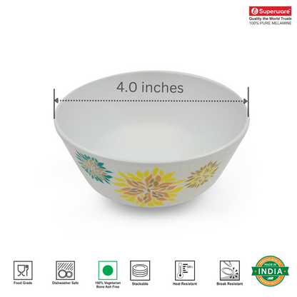 SUPERWARE | Pure Melamine | Bowl Set - Ethenic Flower 4" | 6 Nos. | Stain Free, Glazed Finish