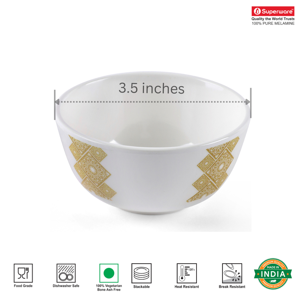 SUPERWARE | Pure Melamine| Katori Set - GOLDDEKO (3.5") | 6 Nos. | Stain Free, Glazed Finish