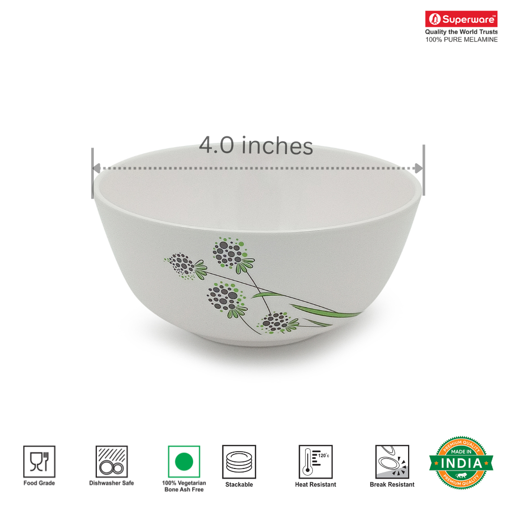 SUPERWARE | Pure Melamine | Bowl Set - Green Berry 4" | 6 Nos.| Stain Free, Glazed Finish