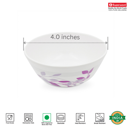 SUPERWARE | Pure melamine | Bowl Set - Purple Petal 4" | 6 Nos. | Stain Free, Glazed Finish