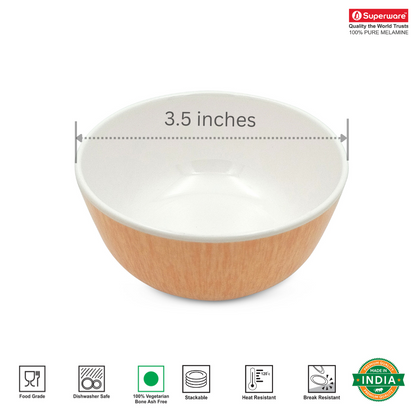 SUPERWARE | Pure Melamine | Katori Set - WOODY (3.5") | 6 Nos. | Stain Free, Glazed Finish