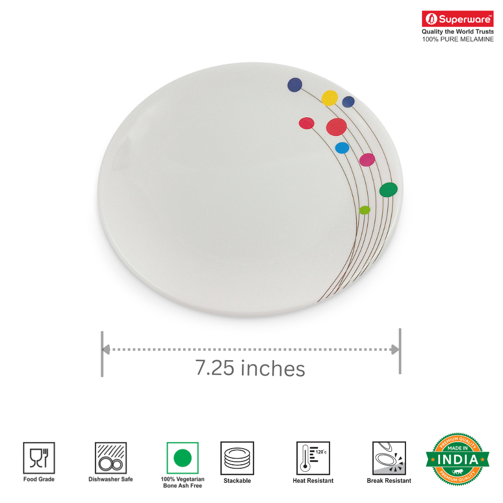 SUPERWARE | Pure Melamine | Small Plate Set - COLOUR BUBBLES (7.25") | 6 Nos. | Stain Free, Glazed Finish