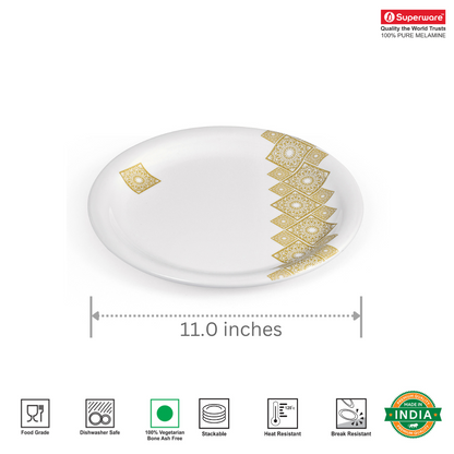 SUPERWARE | Pure Melamine | Dinner Plate Set – Golddeko (11.0") | 6 Nos. | Stain Free, Glazed Finish