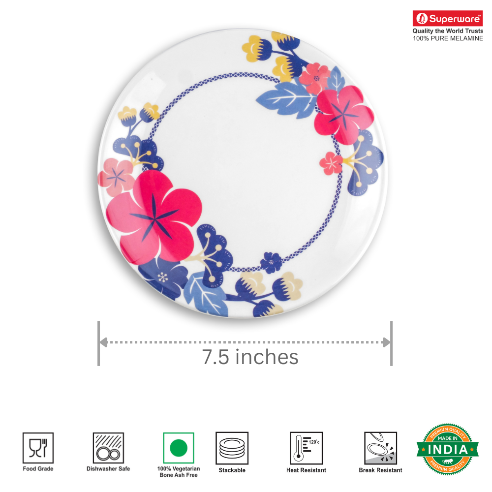 SUPERWARE | Pure Melamine | Small Plate Set - HIBISCUS (7.5") | 6 Nos.| Stain Free, Glazed Finish