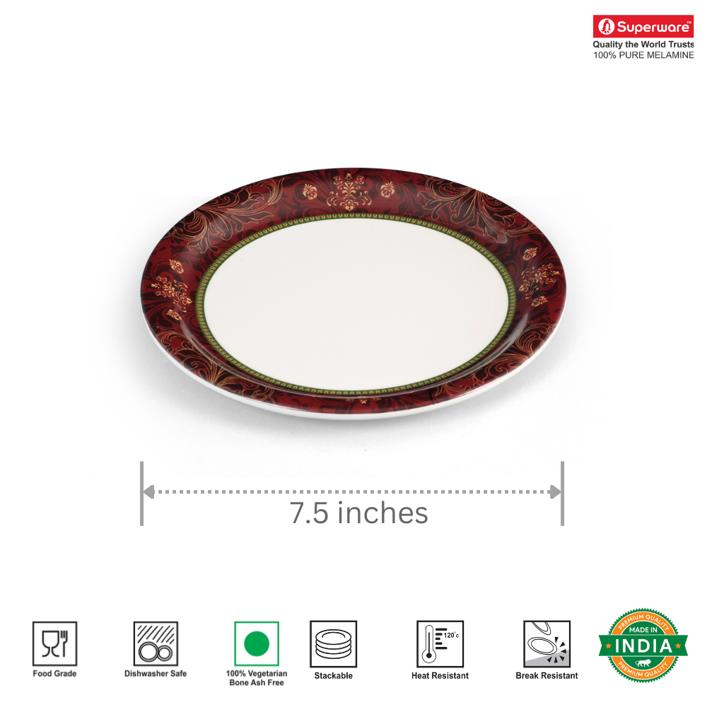 SUPERWARE | Pure melamine | Small Plate Set - ORNAMENTAL (7.5") | 6 Nos. | Stain Free, Glazed Finish